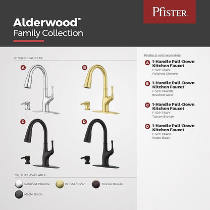 Pfister Alderwood Kitchen Faucet with Pull Down Sprayer and Soap Dispenser, Single Handle, NSF Certified, Tuscan Bronze Finish, F5297AWY