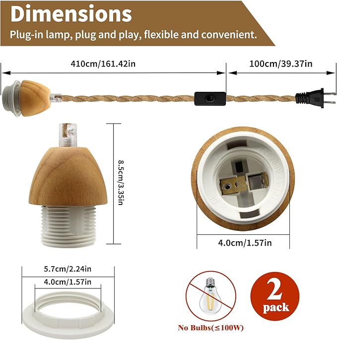 Vintage Hemp Rope Pendant Light Fixtures, 2PCS Rustic Hanging Lights with 16.7FT Plug in Cord, Retro Pendant Light Cord Kit, E26 E27 Light Socket Hanging Plug in Light Fixture, for Farmhouse