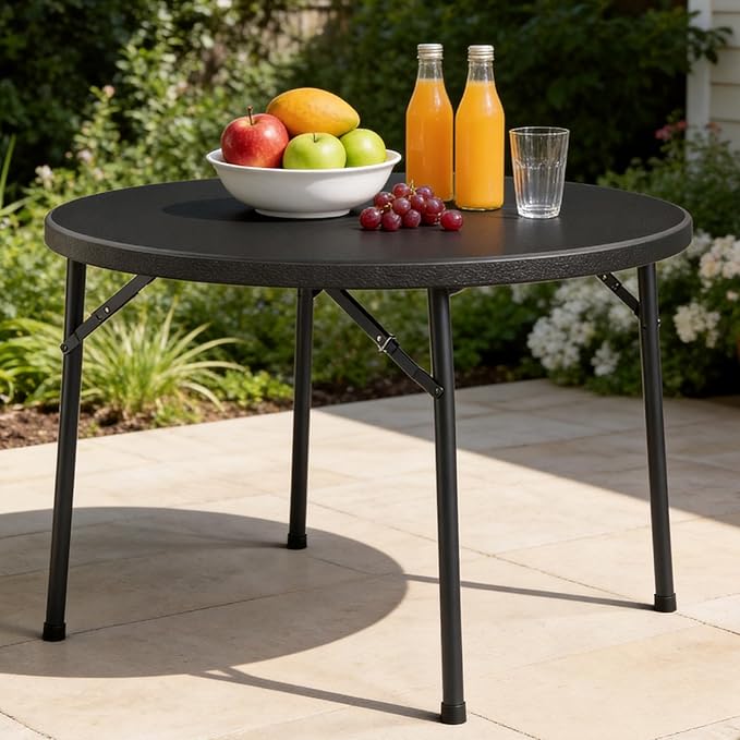 48" Folding Round Table, Heavy Duty Plastic Commercial Dinner Table with Foldable Steel Legs, Portable Banquet Table for Party, Events, Office, Indoor, Outdoor, Black