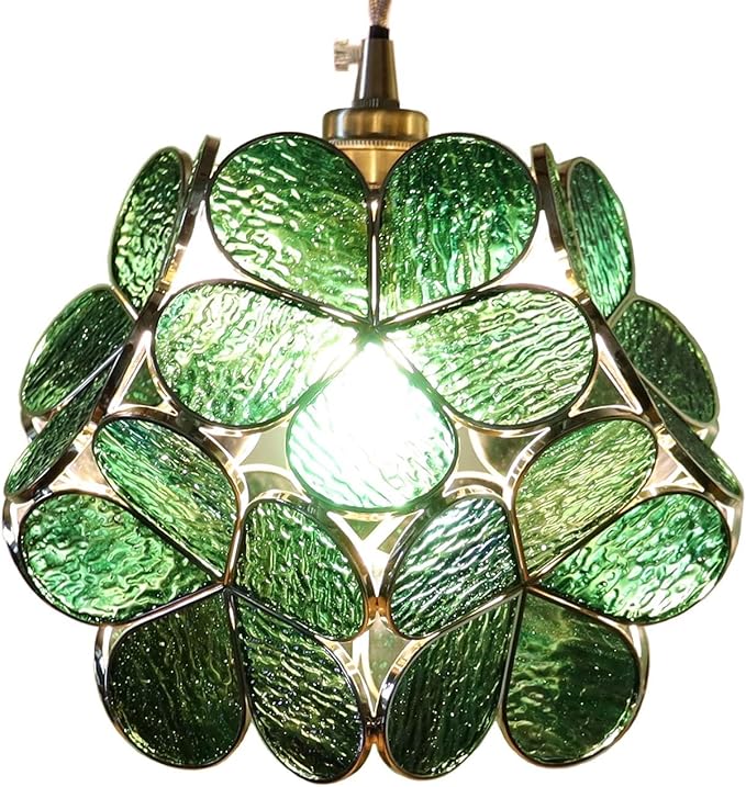 Bieye L10877 Petals Tiffany Style Stained Glass Ceiling Pendant Light with 8-inch Wide Lampshade (Textured Deep Green, 8" Cherry Blossom)