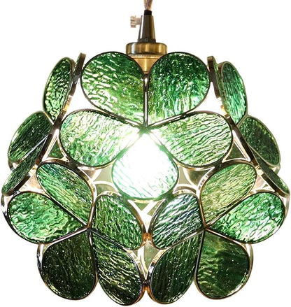 Bieye L10877 Petals Tiffany Style Stained Glass Ceiling Pendant Light with 8-inch Wide Lampshade (Textured Deep Green, 8" Cherry Blossom)