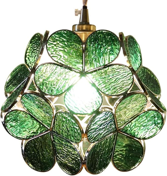 Bieye L10877 Petals Tiffany Style Stained Glass Ceiling Pendant Light with 8-inch Wide Lampshade (Textured Deep Green, 8" Cherry Blossom)