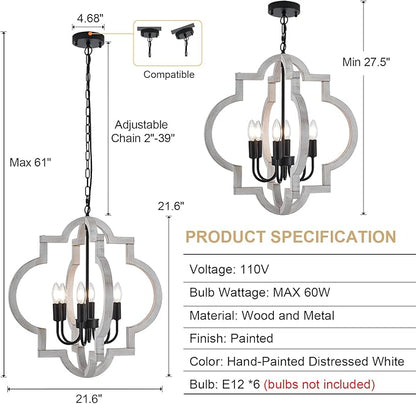 6-Light 21" Farmhouse Orb Chandelier Rustic Handmade Distressed White Wood Hanging Ceiling Pendant Light Fixture Wood Lantern Chandeliers for Dining Room Kitchen Bedroom Foyer Hallway