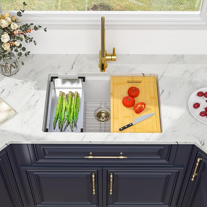 Kichae 28 inch Undermount Kitchen Sink - 28" x 19" White Granite Composite Kitchen Sink Ledge Workstation Quartz Single Bowl Deep Basin with Cutting Board