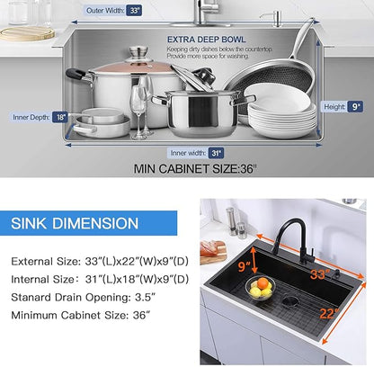 33x22 Drop In Kitchen Sinks Black, Gunmetal Black Stainless Steel Workstation 16Guage Topmount Single Bowl 9 Inch Deep Sink for Kitchen with Integrated Accessories and Features