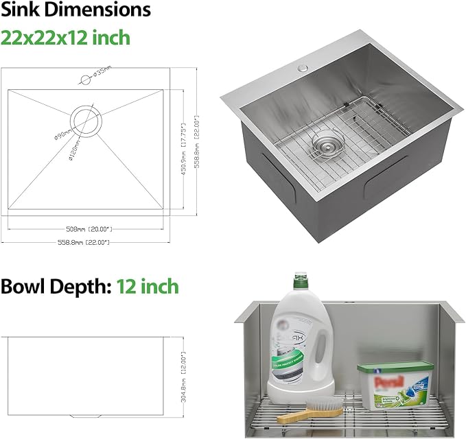22 Inch Laundry Sink Drop In Laundry Utility Skins16 Gauge Stainless Steel Single Bowl Sink 12" Deep Single Bowl Laundry Room Sinks 22x22x12