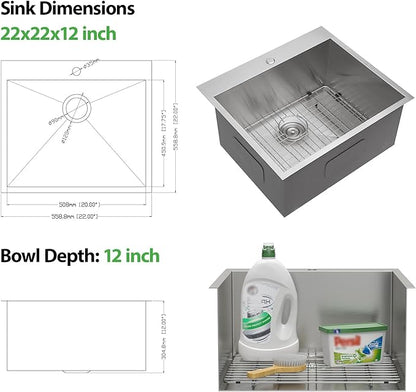 22 Inch Laundry Sink Drop In Laundry Utility Skins16 Gauge Stainless Steel Single Bowl Sink 12" Deep Single Bowl Laundry Room Sinks 22x22x12