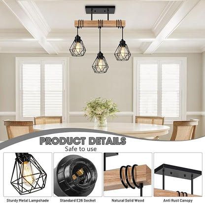 3-Lights Farmhouse Dining Room Pendant Light Fixtures Over Table, Rustic Solid Wood Kitchen Island Lighting Hanging with Metal Shades, Modern Black Ceiling Pendant Lamp for Living Room Hallway