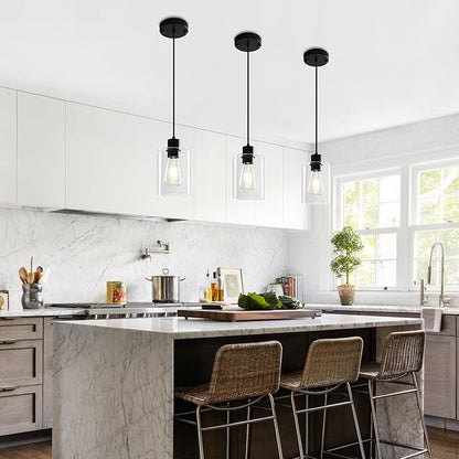 3 Pack Black Pendant Lights Kitchen Island, Modern Glass Pendant Lighting Over Island Kitchen Hanging Bathroom Ceiling Light Fixtures Adjustable Pendant Lights for Dining Room Hallway Bedroom