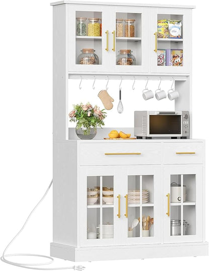 DWVO Kitchen Pantry Storage Cabinet with Microwave Stand, 71'' Tall Kitchen Hutch Cabinets with Power Outlet, Modern Food Pantry Hutch with Drawers ＆ Shelves for Home, White Oak