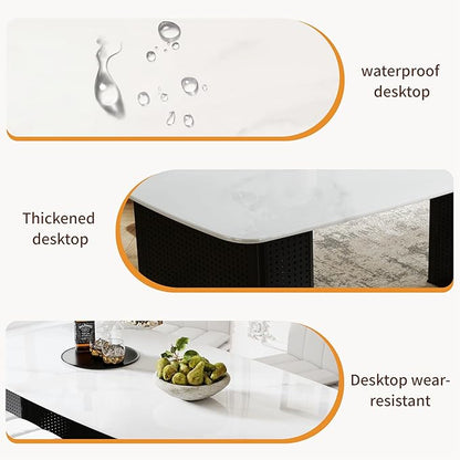Heavy Duty Glass Dining Table, Rectangular Marble Pattern Surface, Elegant Black Dual-Pedestal Base, Adjustable Brackets for Stability, 6-8 Seater, Modern Luxury Centerpiece for Home Dining or Work