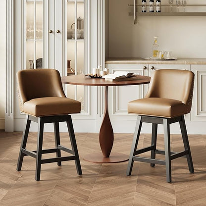 MALOL Swivel Bar Stools, 27" Counter Height Kitchen Stools with Padded Seats and Solid Wood Legs, Leather Barstools for Kitchen Island, Breakfast Nook (Brown)