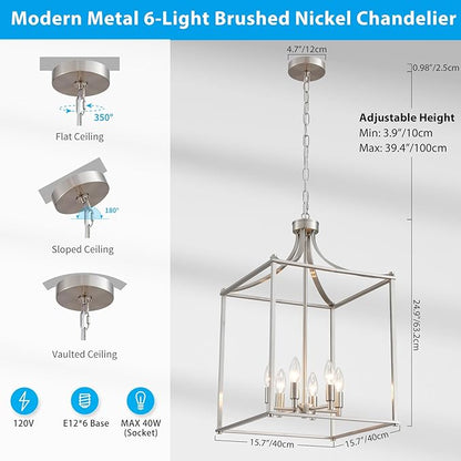 XINGQI 15.7" Brushed Nickel Chandeliers for Dining Room Modern Farmhouse Geometric 6-Light Hanging Lantern Pendant Lighting Fixture for Foyer Kitchen Island Dinning Room Living Room