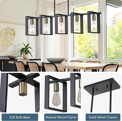 9MMML 41.5" Mid Century Dining Room Chandelier, Black and Gold Wood Pendant Light, Height Adjustable 5 Lights Fixtures for Kitchen Island Hallway Pool Table