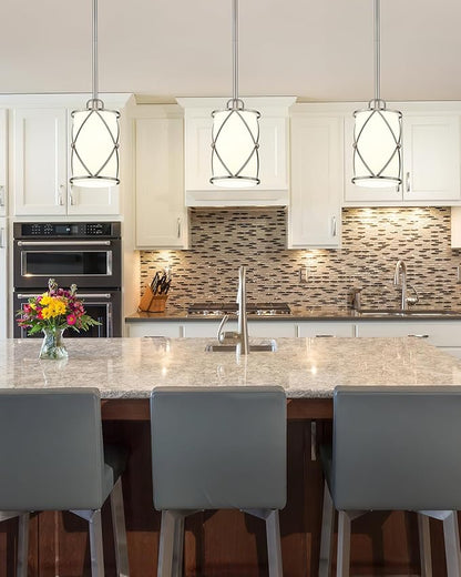 Brushed Nickel Pendant Lights Kitchen Island 3 Pack, Milk Glass Kitchen Pendant Lighting Over Island with Rods, Modern Mini Hanging Light for Sink Dining Room, CH9176BNW-3PK