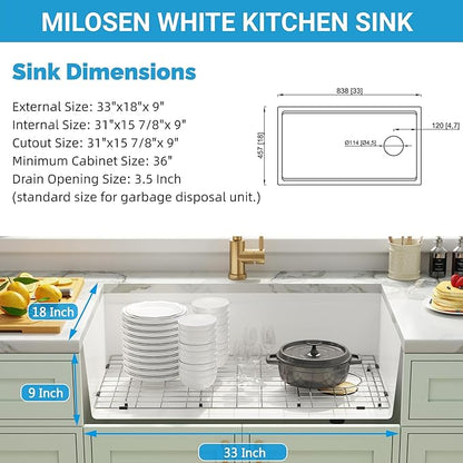 MILOSEN White Undermount Kitchen Sink, 33×18 Inch Workstation Ledge Under Counter Single Bowl Sinks with Offset Drain, Granite Composite Quartz Material, 9'' Large Deep Sinks With Gold Accessories