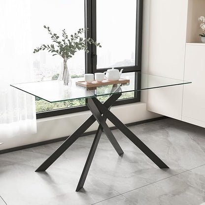 51" Rectangle Dining Table for 4 5 6 People,Modern Dining Room Tables with Black Chrome Metal X-Shaped Legs, Glass Dining Table Large Kitchen Table Family Dinner Table for Home Office Living