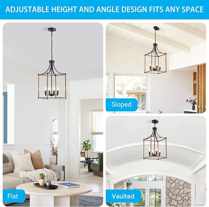 XINGQI Modern Farmhouse Chandeliers for Dining Room,4 Light Geometric Lantern Black Wood Grain Finish Cage Pendant Lighting Fixture 11.8" for Staircase Foyer Kitchen Entryway