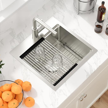 Sarlai Drop Bar Sink - 18 Inch Outdoor Kitchen Sink with Pull-out Faucet Drop In Workstation 18 x 18 Topmount Stainless Steel 16 Gauge Single Bowl Bar Prep RV Outdoor Sinks Basin