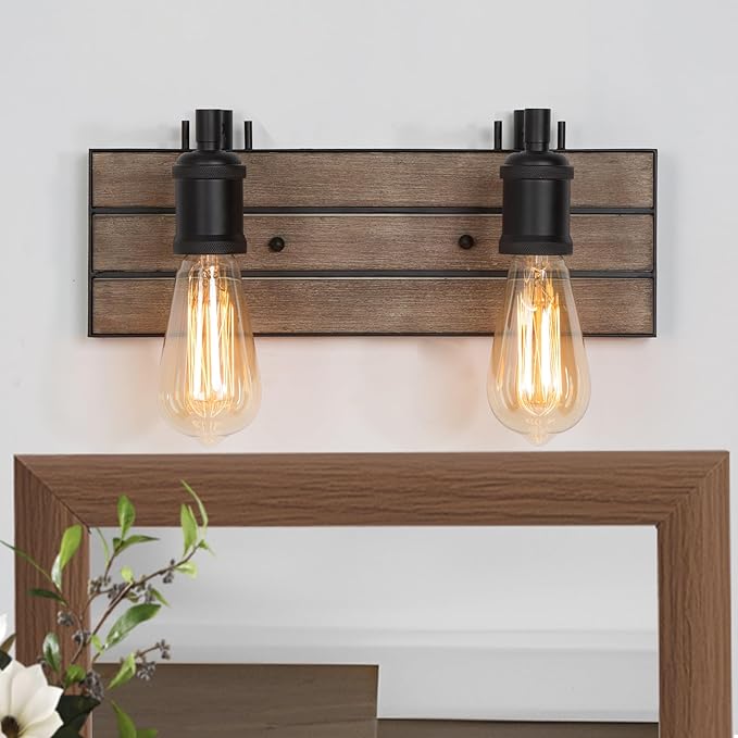 LOG BARN Farmhouse Bathroom Light Fixtures, 2 Light Vanity Lights for Bathroom, 13.8-Inch Rustic Faux Wood Bathroom Lighting Lights Over Mirror
