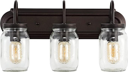 JONATHAN Y 19.3" Oil Rubbed Bronze 3-Light Iron and Glass Mason Jar Vanity Light, Farmhouse Industrial Rustic Wall Sconce for Bathroom, UL Listed, LED Bulbs Included JYL7801A