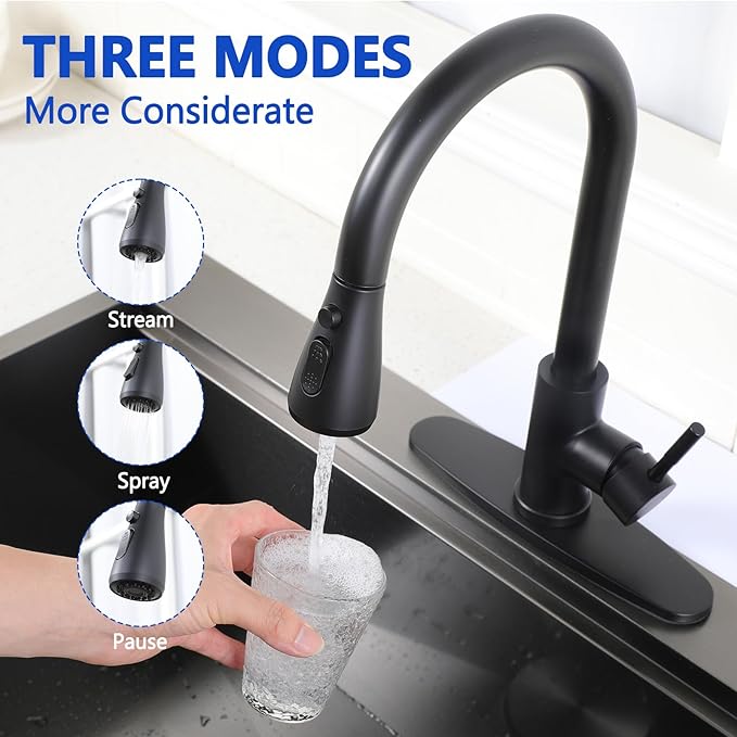 Black Kitchen Faucet with Pull Down Sprayer, Single Handle Kitchen Faucet Matte Black, Stainless Steel Suitable for 1 or 3 Hole Sinks for Farmhouse, RV, Laundry, Bar, RC-KYT010B-D