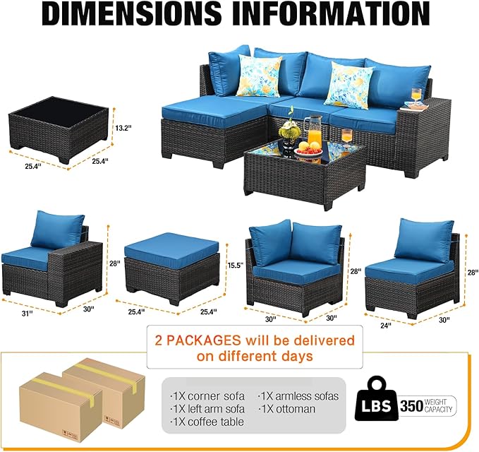 JOYURE 5 Pieces Patio Furniture Set All-Weather Outdoor Wicker Sectional Conversation Sofa Rattan Patio Seating Sofa with Cushion and Glass Table and Ottoman for Porch Poolside,Peacock Blue