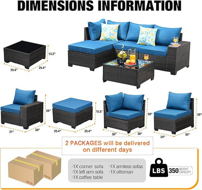 JOYURE 5 Pieces Patio Furniture Set All-Weather Outdoor Wicker Sectional Conversation Sofa Rattan Patio Seating Sofa with Cushion and Glass Table and Ottoman for Porch Poolside,Peacock Blue