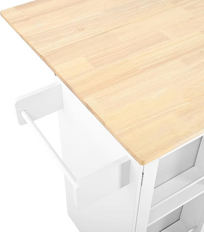 GOWE Mobile Kitchen Island Storage Trolley Cart on Wheels with Dropleaf Top, Towel/Spice Rack,2 Drawers, 2-Door Cabinet, White