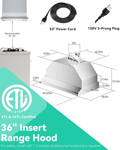 36 inch Stainless Steel Insert Range Hood - 900 CFM, Gesture Control, Ultra-Quiet 4-Speed Vent, LED Lights, Ducted/Ductless Convertible