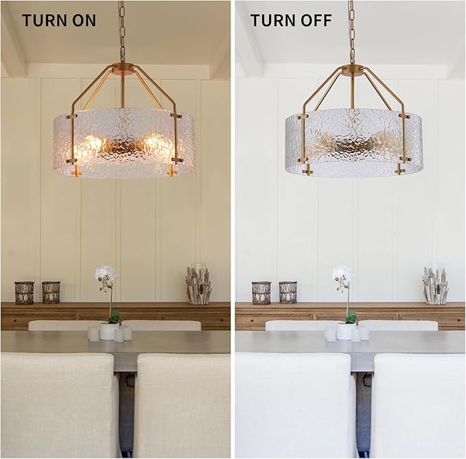 Glass Drum Gold Chandelier for Dining Room 20'' Entryway Light Fixture 5-Light Kitchen Chandeliers Over Table Bedroom Light Fixture for Living Room Hallway Foyer Kitchen