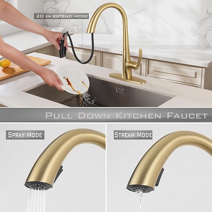 Touchless Kitchen Faucet with Pull Down Sprayer, Brushed Gold Motion Sensor Kitchen Faucet, Stainless Steel Hands Free Faucet for Kitchen Sink 1 or 3 Hole