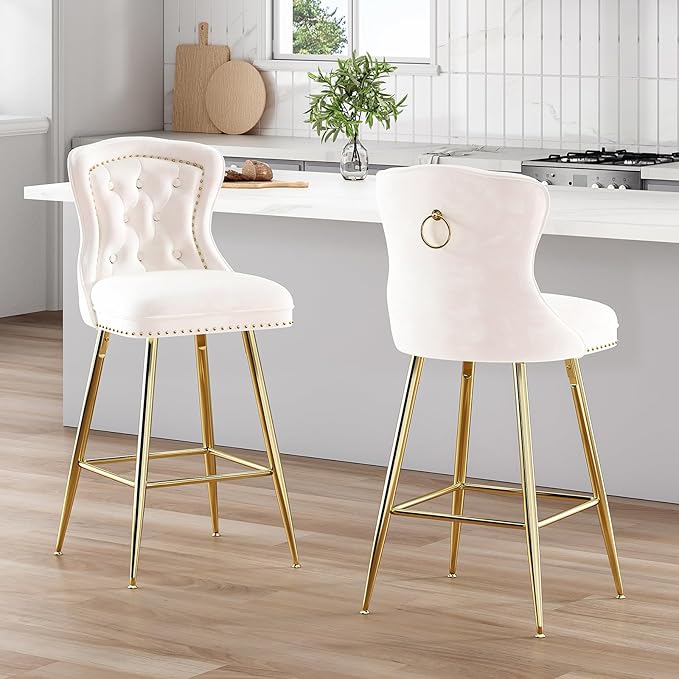 Bar Stools Set of 2, Velvet Counter Height Bar Stools with Metal Legs, Button Tufted and Nailheads Trim, Wing Back Bar Chairs for Kitchen Island Dining Room Pub, Beige