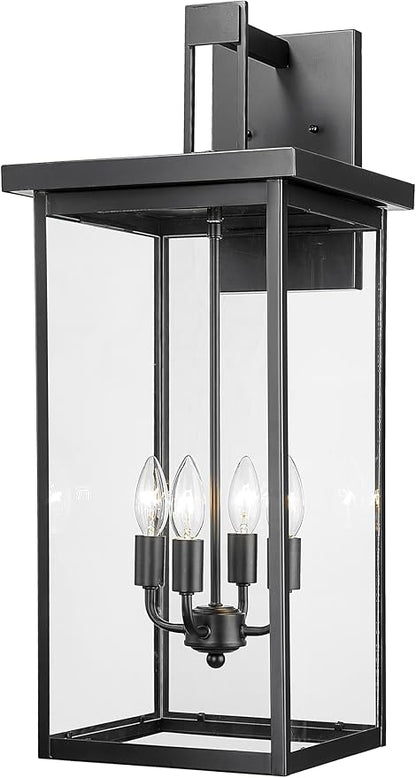 ML Lighting | Barkeley Collection | 42603-PBK | 27" Modern Four Bulb Outdoor Steel Large Wall Sconce | Anti-Rust Powder Coat Black with Clear Glass Shade | Exterior Ambient Light for Safety