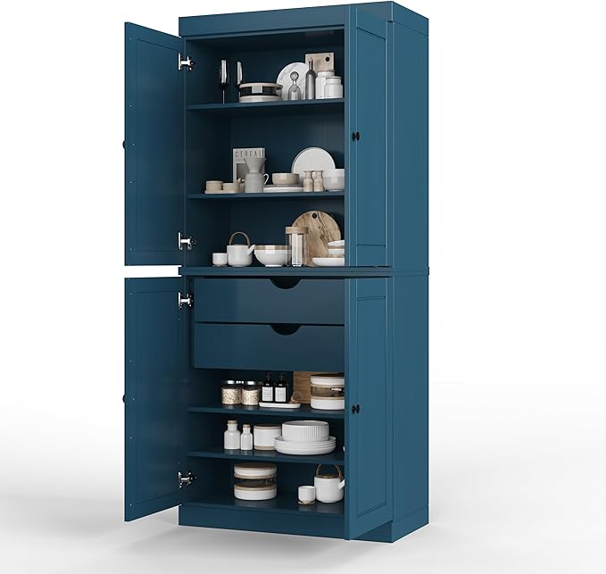 Palace Imports Solid Kitchen Pantry Cabinet - 71.5" h x 32" Tall Storage Cabinet - Teal Blue, Adjustable Shelves & 2-Drawer Kit, 100% Renewable Eco-Friendly Wood, Made in Brazil