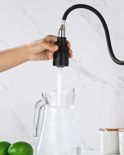 Pull Down Kitchen Faucet Sprayer Head Replacement Part with 15 Connectors, 3 Function Pull Out Sink Sprayer Replacement Nozzle, Kitchen Faucet Head Hose Spray Tap Spout, Matte Black
