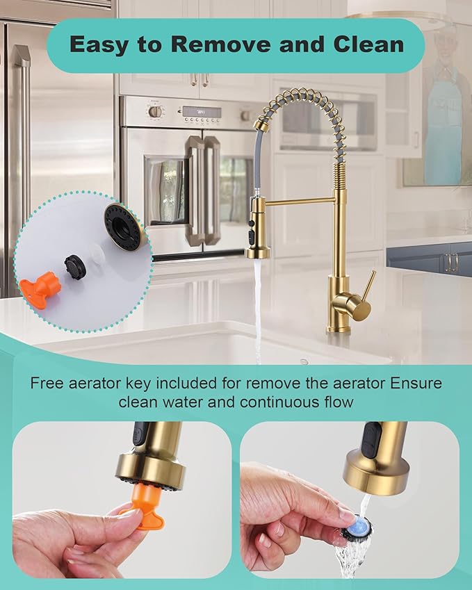 Pull Down Faucet Head Replacement: 3-Function Kitchen Faucet Head with 9 Adapters - Brushed Gold Kitchen Sink Spray Replacement Compatible with Moen, Delta, American Standard Faucets