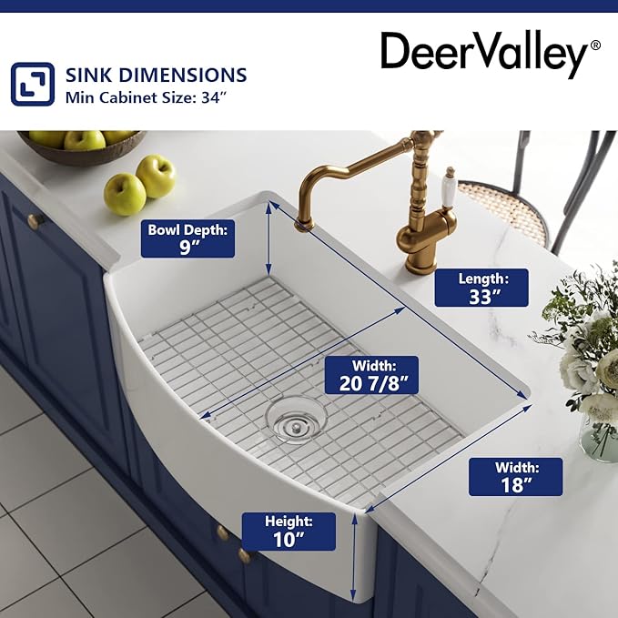 DeerValley Farmhouse Kitchen Sink 33 inch, White Fireclay Apron Front Farm Sinks, Single Bowl Deep Drop In Undermount Sink with Grid and Basket Strainer, Easy to Clean