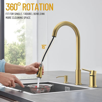 Brass Gold Kitchen Faucet 3 Hole with Soap Dispenser, Gold Kitchen Faucet with Pull Down Sprayer and Separate Single Side Handle 3 Pieces, Stainless Steel High Arc Kitchen Sink Faucet
