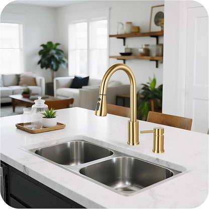 Pull Down Kitchen Faucet 2 Hole - Brushed Gold Single Handle Kitchen Faucets, High Arc Stainless Steel Pull Out Kitchen Sink Faucet for RV Laundry Farmhouse Bar