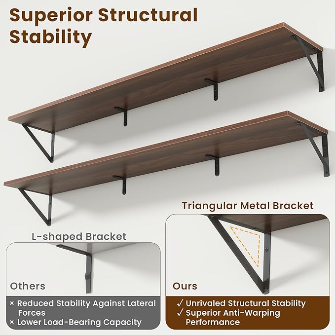 Acovy 55" Long Wall Mounted Floating Shelves,8 inch Deep Floating Shelf with Metal Brackets Set of 2,Easy-to-Install Wall Decor Storage Ledges for Living Room,Bathroom,Bedroom,Kitchen,Office,Walnut