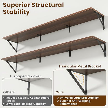 Acovy 55" Long Wall Mounted Floating Shelves,8 inch Deep Floating Shelf with Metal Brackets Set of 2,Easy-to-Install Wall Decor Storage Ledges for Living Room,Bathroom,Bedroom,Kitchen,Office,Walnut