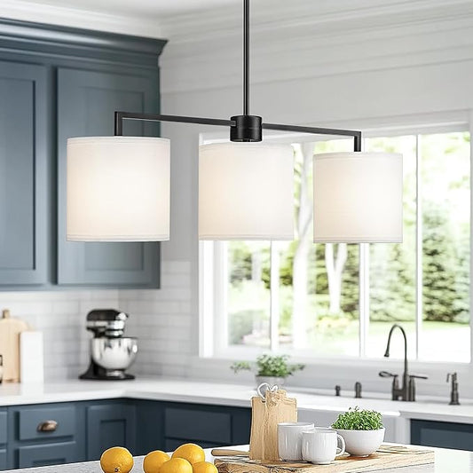 Emak Modern 34 Inch Kitchen Island Lighting, Black Dining Room Light Fixture with White Linen Drum Shade, Farmhouse 3-Light Linear Chandeliers for Dining Room, Kitchen, IL128-BK-WF-3