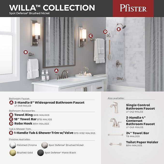Pfister Willa 4 inch Centerset Bathroom Sink Faucet 2-Handle 3-Hole NSF Certified Spot Defense Brushed Nickel Vanity Faucet with Push & Seal Drain Installation LF048MALGS