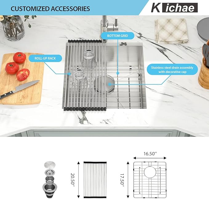 Kichae 19" x 20" Bar Prep Sink Undermount Stainless Steel Deep Single Bowl RV Wet Bar Sink 16 Gauge Round Corner Camper Handmade Kitchen Basin