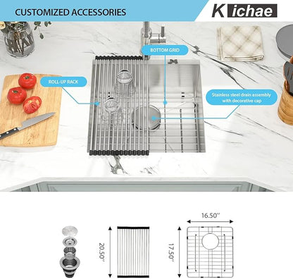 Kichae 19" x 20" Bar Prep Sink Undermount Stainless Steel Deep Single Bowl RV Wet Bar Sink 16 Gauge Round Corner Camper Handmade Kitchen Basin