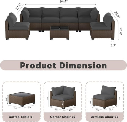 Patio Furniture Set, 7-Piece Outdoor Sectional Couch with Coffee Table & Thick Cushions, Outdoor Wicker Conversation Set for Backyard, Poolside, Garden (Brown-Grey, 7 Piece-Single)