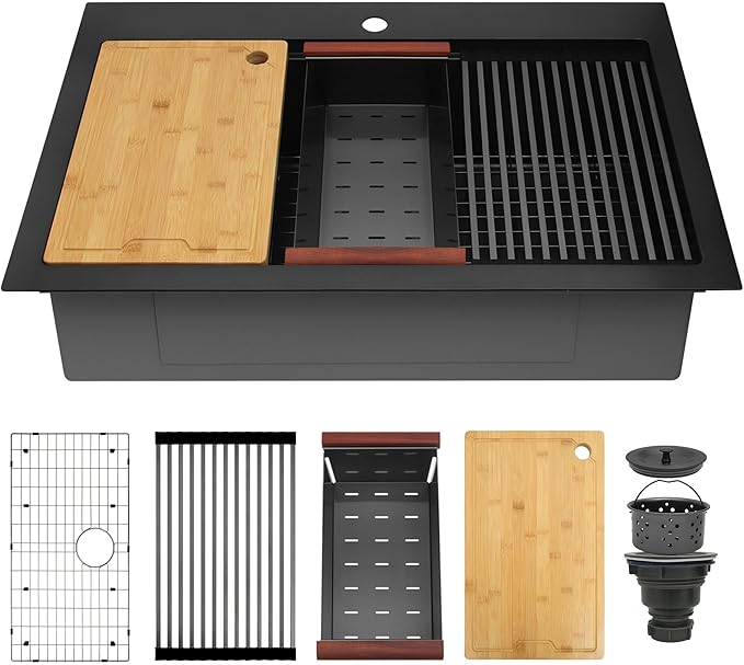 Black Drop In Kitchen Sink 33" X 22",Top Mount 16 Gauge Stainless Steel Workstation Sink,Deep & Large Single Bowl Kitchen Sinks (Black, 33" X 22")