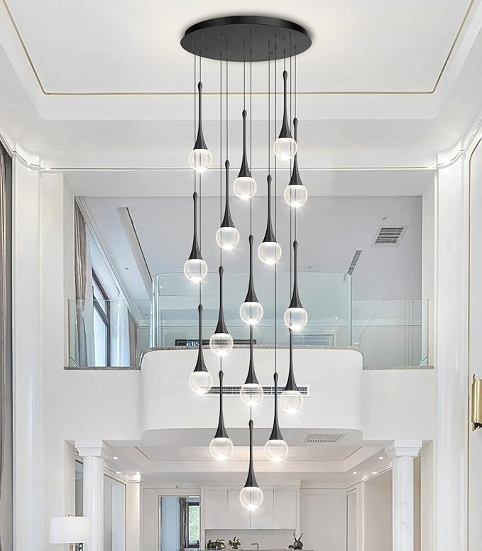 16 Light High Ceiling Crystal Chandelier Dimmable LED Pendant Lights with Remote Adjustable Chandeliers for Foyer Staircase Living Room Black