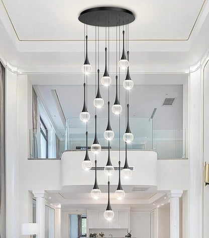 16 Light High Ceiling Crystal Chandelier Dimmable LED Pendant Lights with Remote Adjustable Chandeliers for Foyer Staircase Living Room Black
